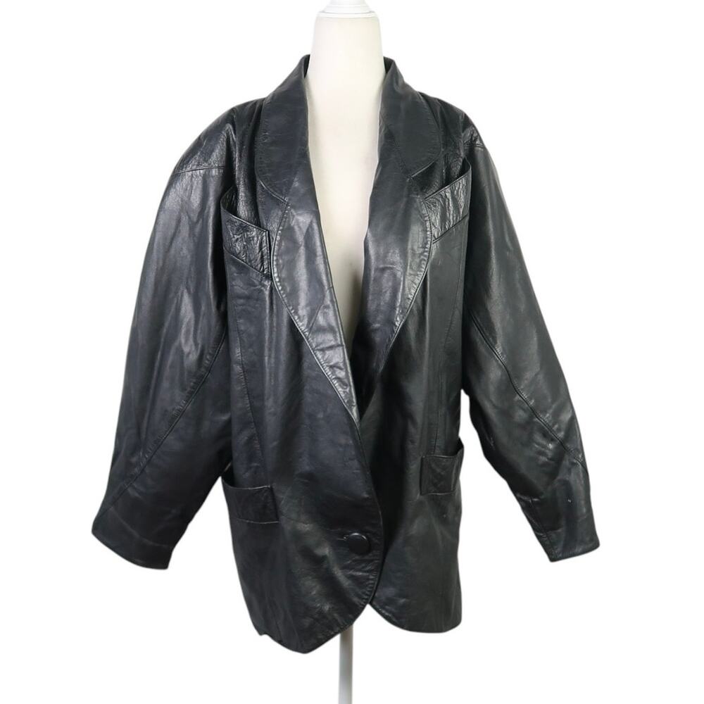 Vintage 80s Switzer's Black Leather Dolman Sleeve Jacket Womens M